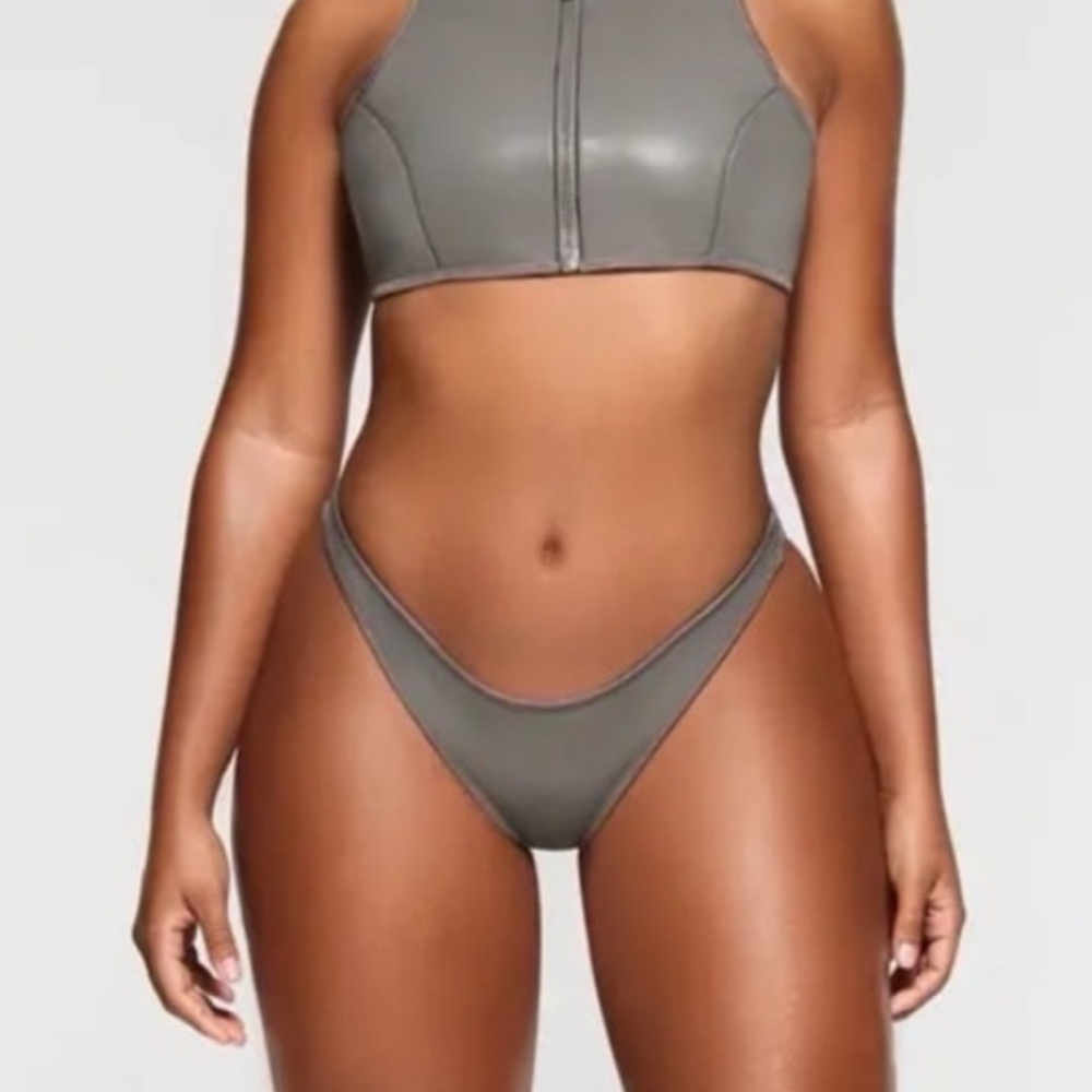 SKIMS Olive Green High-Neck Zip Bikini Top & High-Cut Bottoms